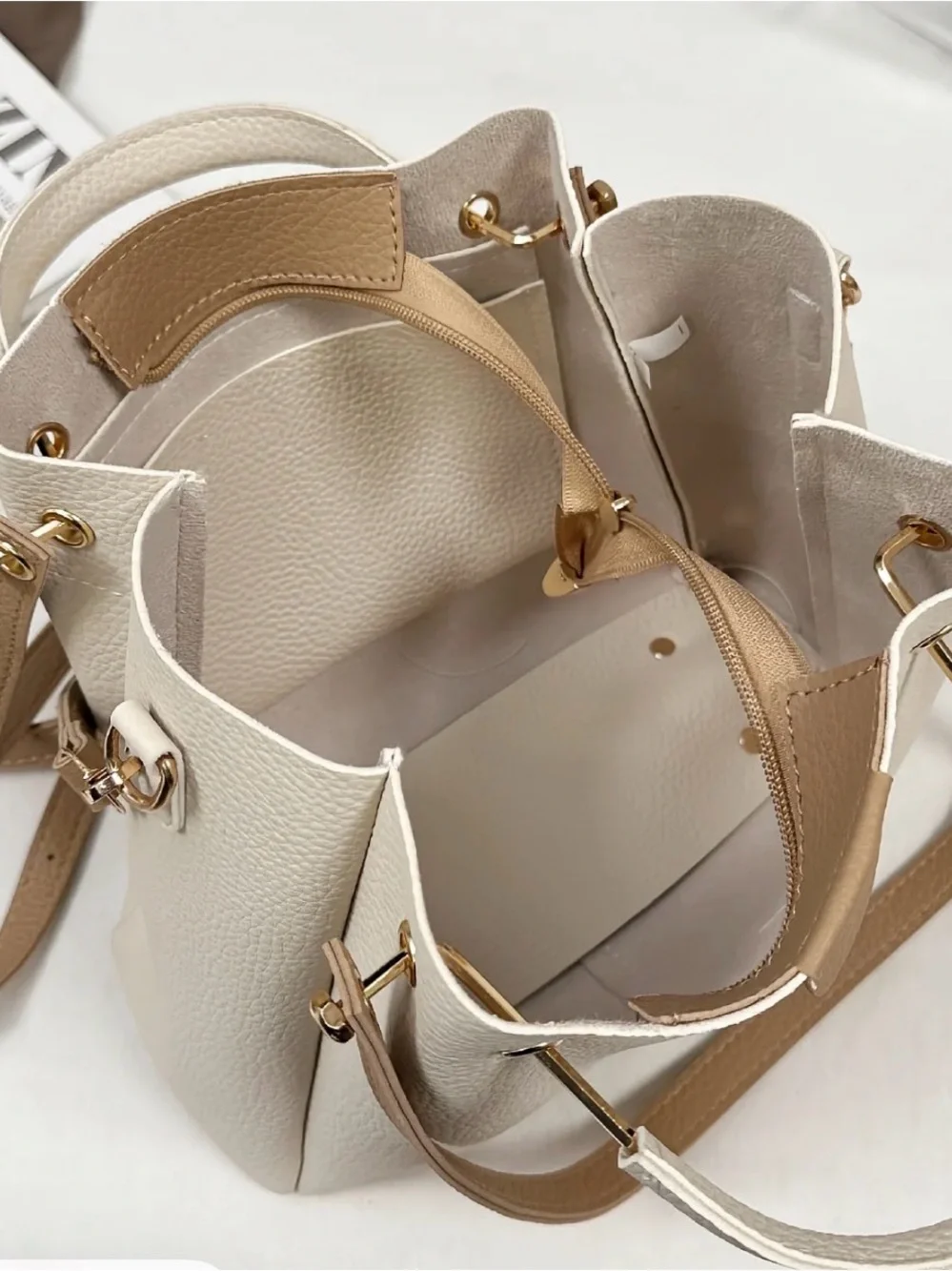 Cream Pebbled Tote Bag with Detachable Strap - Picture 3 of 4